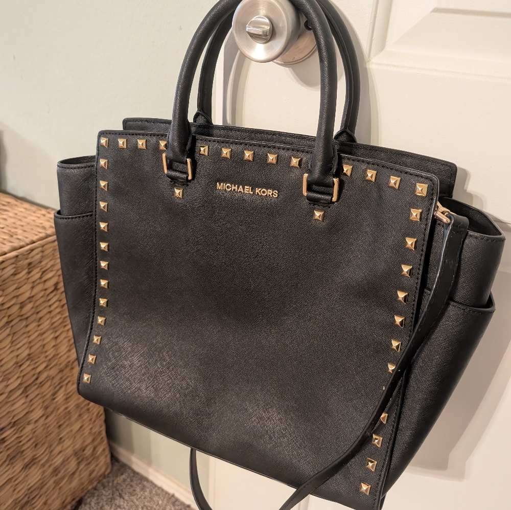 Michael Kors Large Selma Black and Gold Studded Saffiano Satchel